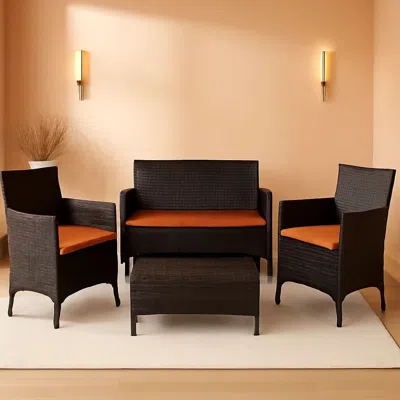 Shipitfurniture Rattan Patio Set With Cushioned Chairs And Glass Table