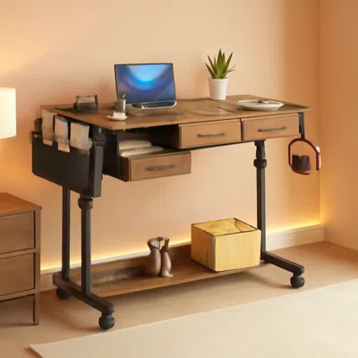 Shipitfurniture Rolling Height Adjustable Computer Desk With Drawers In Brown