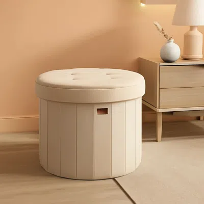 Shipitfurniture Round Folding Storage Ottoman Cappuccino Beige Velvet