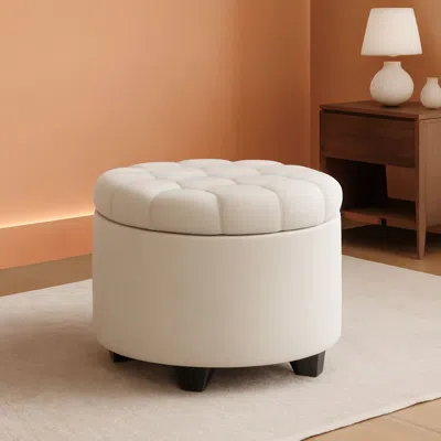 Shipitfurniture Round Ottoman With Durable Storage Linen-look Beige