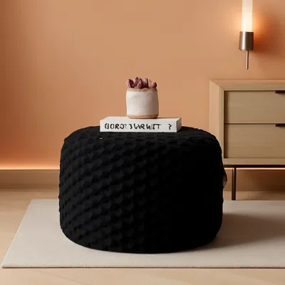 Shipitfurniture Round Plush Pouf Ottoman 20x12 Inches Black Upholstered