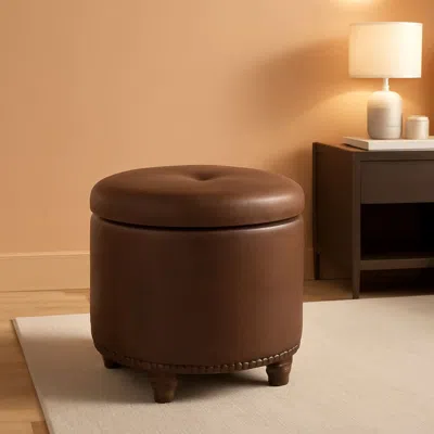Shipitfurniture Round Storage Ottoman With Nailhead-trim Brown Faux Leather