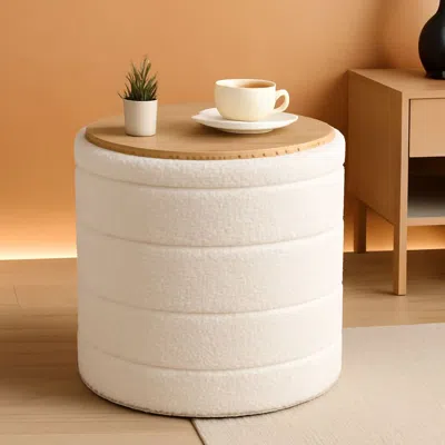 Shipitfurniture Round Storage Ottoman With Tray White Velvetfabric