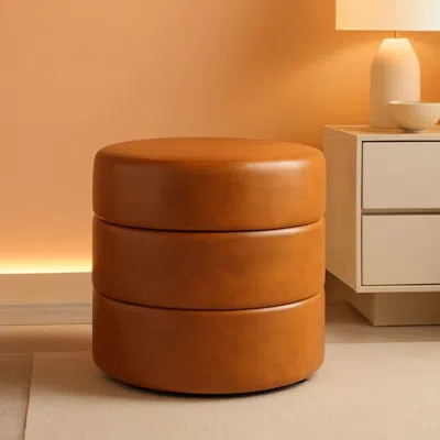 Shipitfurniture Round Upholstered Faux Leather Ottoman Footrest Camel