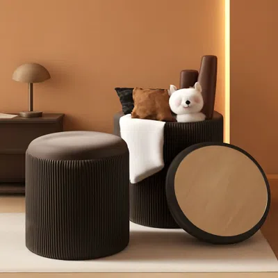 Shipitfurniture Round Velvet Storage Ottoman Black Lacquered Finish