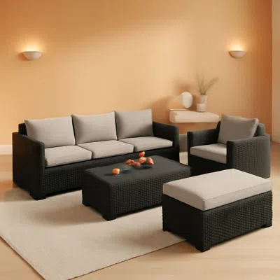 Shipitfurniture Six Piece Outdoor Wicker Furniture Set With Grey Cushions