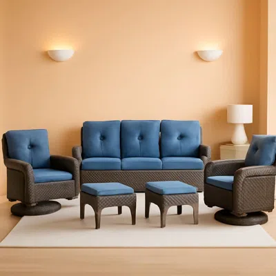 Shipitfurniture Six Piece Patio Conversation Set Brown Wicker Blue Cushions