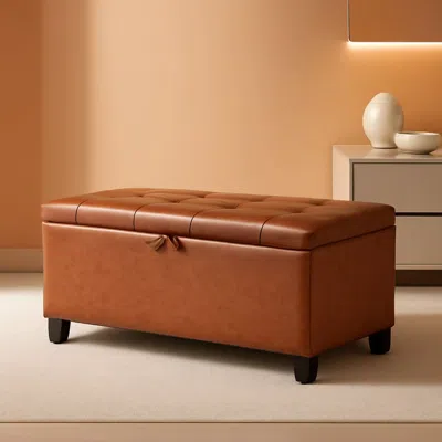 Shipitfurniture Storage Ottoman Tufted Leather Reddish Brown Bench