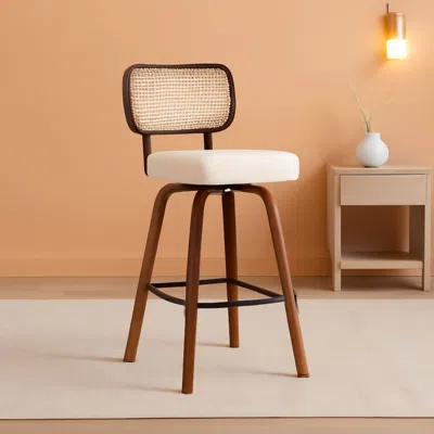 Shipitfurniture Swivel Counter Height Bar Stools Set Of 4 Cream Upholstered Rattan Back