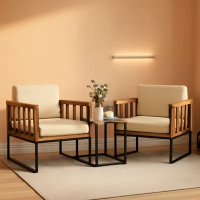 Shipitfurniture Three Piece Acacia Wood Patio Chair Set With Cushioned Seats For Balcony Porch And Backyard Beige