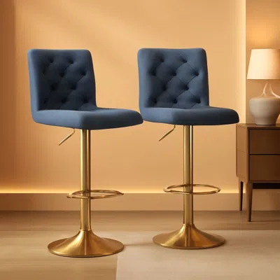 Shipitfurniture Tufted Fabric Bar Stool Set Of 2 Blue Upholstered Swivel Counter Height Chairs