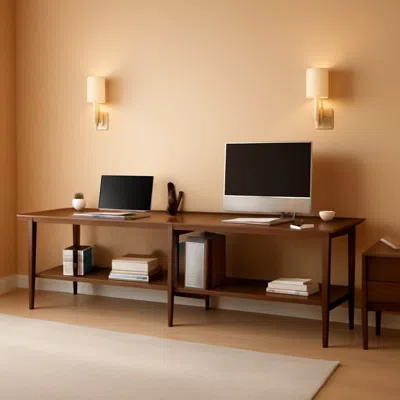 Shipitfurniture Walnut 110 Inches Twin Person Computer Workstation In Multi