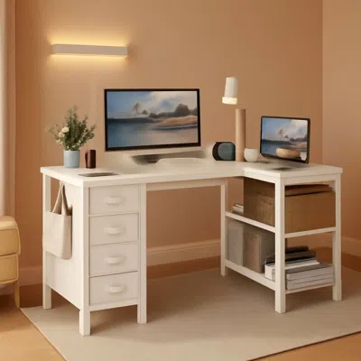 Shipitfurniture White 47 Inch L Shaped Corner Desk With Reversible Storage