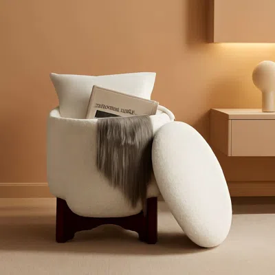 Shipitfurniture White Elegant Round Ottoman With Concealed Storage