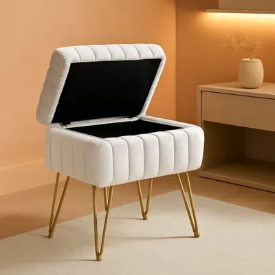 Shipitfurniture White Faux-fur Vanity Stool With Premium-grade Stowable-storage