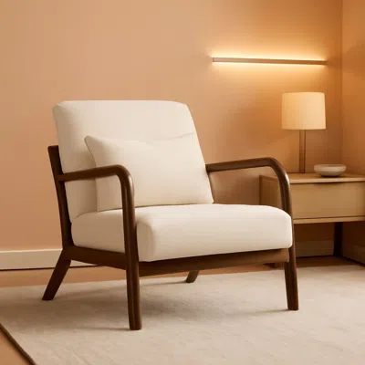 Shipitfurniture White Linen Upholstered Armchair With Premium Wood