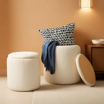 Shipitfurniture White Velvet Upholstered Storage Ottoman Vanity Set
