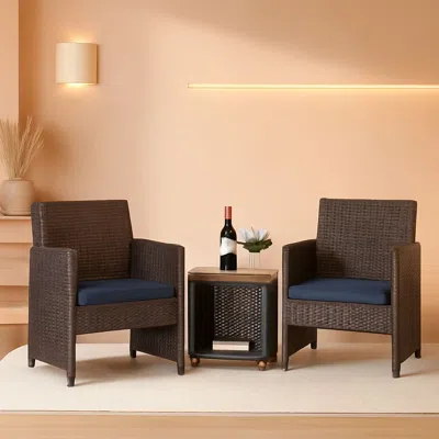 Shipitfurniture Wicker Outdoor Patio Set 3 Piece Bistro Brown Navy