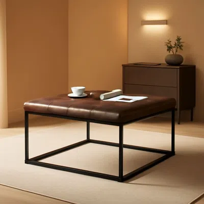 Shipitfurniture Yellowish-brown Faux Leather Ottoman Coffee Table Sturdy