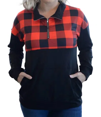 Shirley Stone Buffalo Plaid Zip Up Pullover In Red/black In Multi