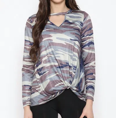 Shirley Stone Camo Keyhole Knot Top In Blue