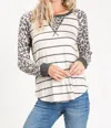 Shirley Stone Carol Leopard & Striped Raglan Top In Oatmel In Gray