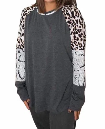 Shirley Stone Leopard Snake Raglan Top In Grey In Gray