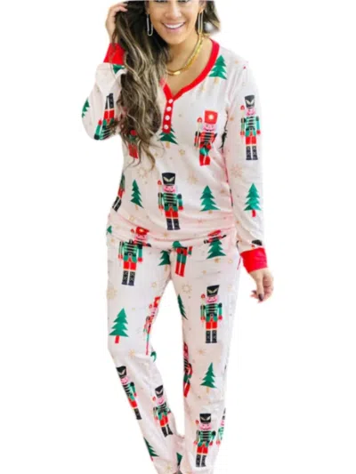 Shirley Stone Nutcracker Pajama Set In White/green/red In Multi