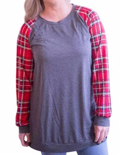 Shirley Stone Plaid Raglan Top In Grey In Blue