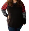 Shirley Stone Plaid Stripe Raglan Top In Black In Black