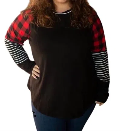 Shirley Stone Plaid Stripe Raglan Top In Black