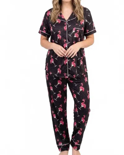 Shirley Stone Short Sleeve Holiday Flamingo Pajama Set In Black/pink