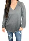 Shirley Stone Solid V-neck Top In Grey In Gray