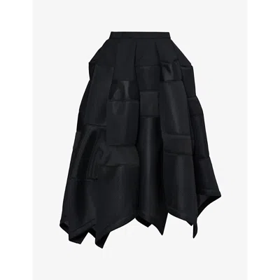 Shiro Sakai Womens Black Contrast-panel Asymmetric-hem Woven Midi Skirt
