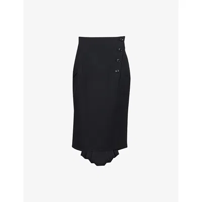 Shiro Sakai Womens Black Panelled Pleat-back Wool Midi Skirt