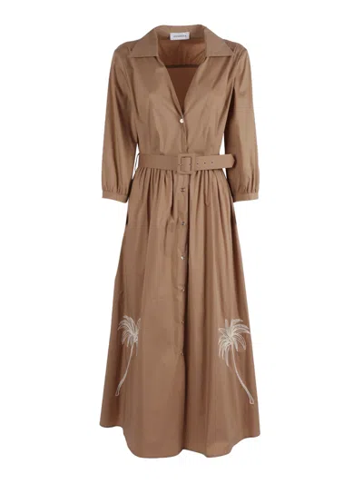 Shirt A Porter Belted Palm Embroidered Midi Dress In Brown