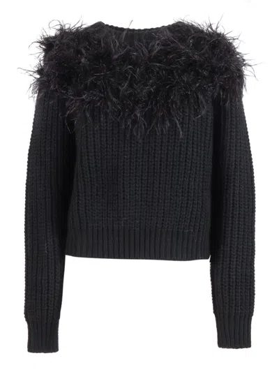 SHIRT A PORTER CROPPED BLACK KNITTED SWEATER WITH FEATHER DETAIL