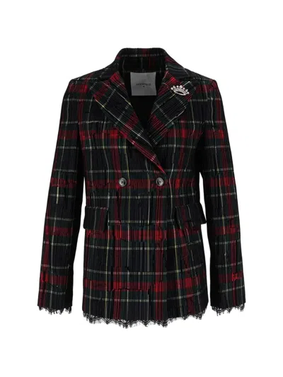 Shirtaporter Tartan Lace-trim Blazer In Black