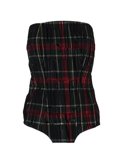 Shirtaporter Tartan-print Pleated Bustier Top In Black