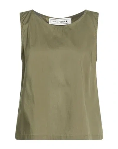 Shirtaporter Woman Top Military Green Size 6 Cotton, Polyamide, Elastane