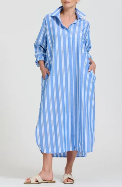 Shirty Button Side Stripe Cotton Shirtdress In Blue