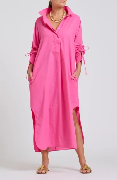 Shirty Gathered Long Sleeve Cotton Maxi Dress In Pink