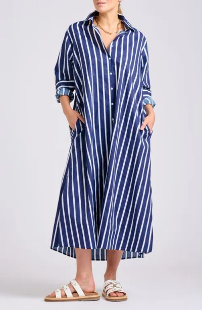 Shirty Mixed Stripe Long Sleeve Shirtdress In Blue