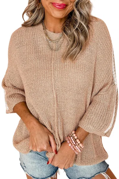 Shiying Fashion Andrea Contrast Stripe 3/4 Sleeve Sweater In Beige