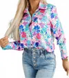 Shiying Fashion Flower Print Button-up Slim-fit Long Sleeve Shirt In Sky Blue In Blue