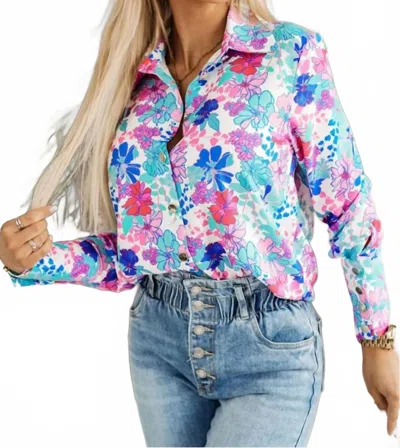 Shiying Fashion Flower Print Button-up Slim-fit Long Sleeve Shirt In Sky Blue