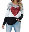 Shiying Fashion Heart Sequins Striped Top In Black In Multi
