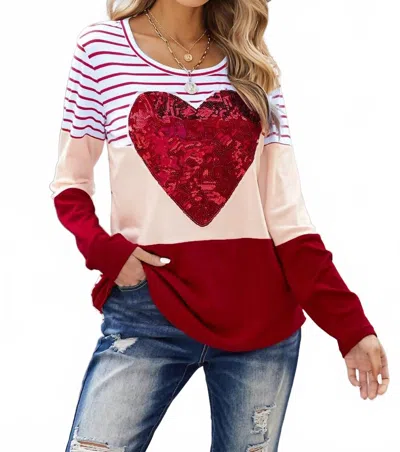 Shiying Fashion Heart Sequins Striped Top In Red In Multi