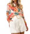 Shiying Fashion Long Button Down Floral Top In Orange In Multi