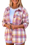 Shiying Fashion Plaid Print Rounded Hem Shirt Jacket In Red In Pink